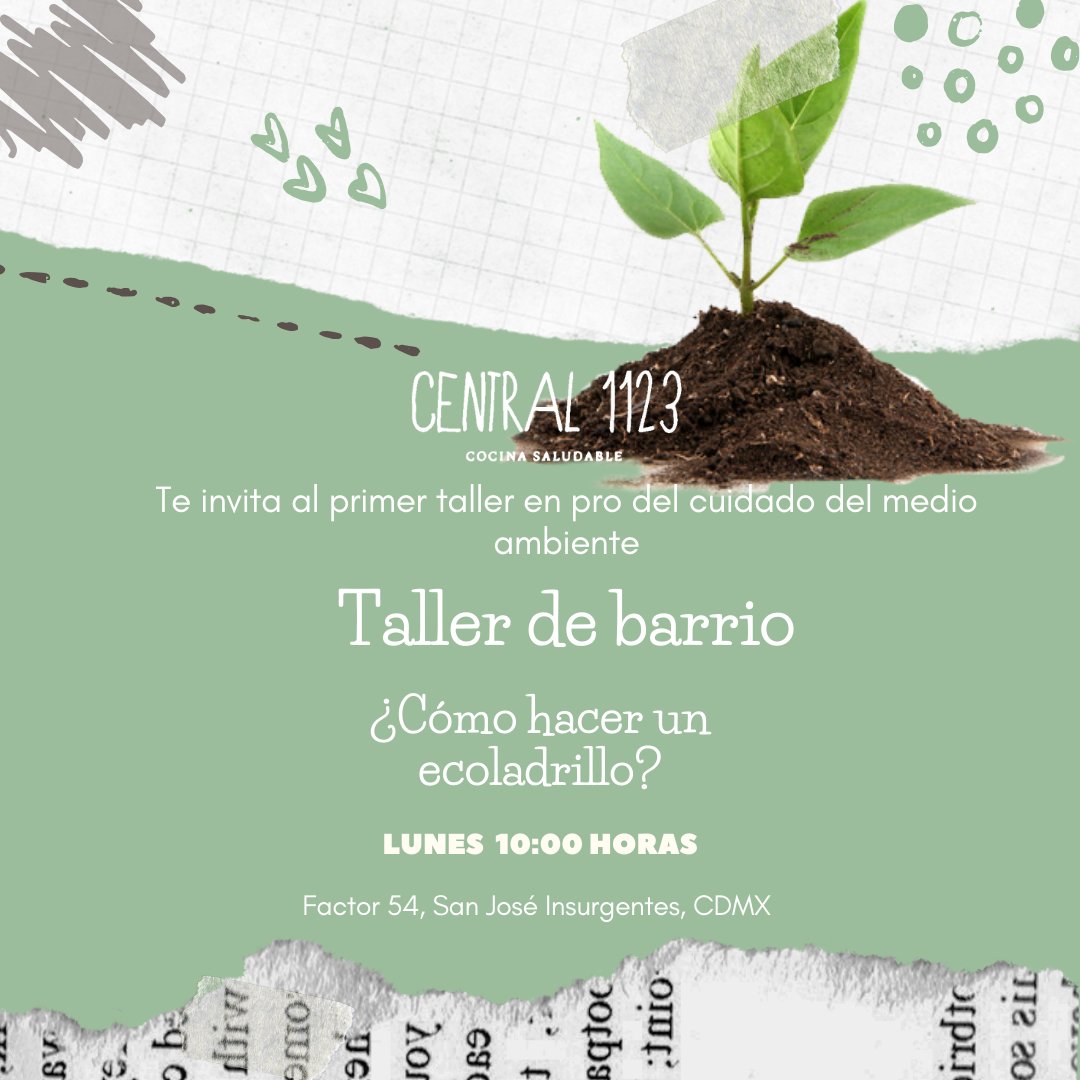 1123Central's tweet photo. Te invitamos a nuestro primer #TallerdeBarrio donde te enseñaremos a hacer ecoladrillos.
¡Juntos por el cuidado del medio ambiente!
Lunes a las 10:00 horas.
#CentralMeCuida #ComeFeliz https://t.co/g2IUBjZBbL