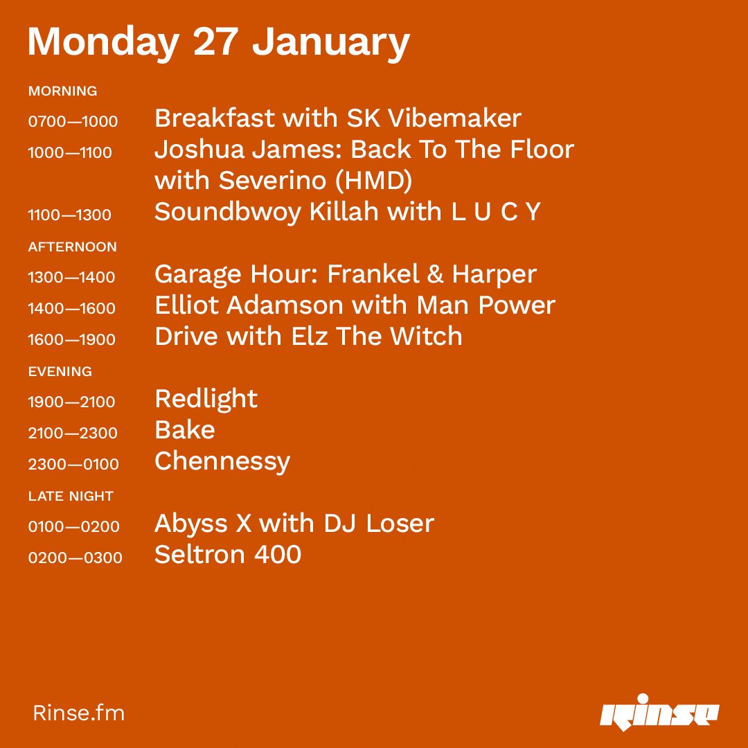 RinseFM's tweet photo. Here's what today looks like on #RinseFM
@SKVibemaker @DJJoshuaJames @SeverinoDj #SoundbwoyKillah @lucyproducti0n @Frankel_Harper @ElliotAdamson #ManPower @elzthewitch #Redlight #Bake #AbyssX #DJLoser #Seltron400
on https://t.co/Q0ed1ktSEG & 106.8FM
#RinseFM https://t.co/uqCwsQjjoJ