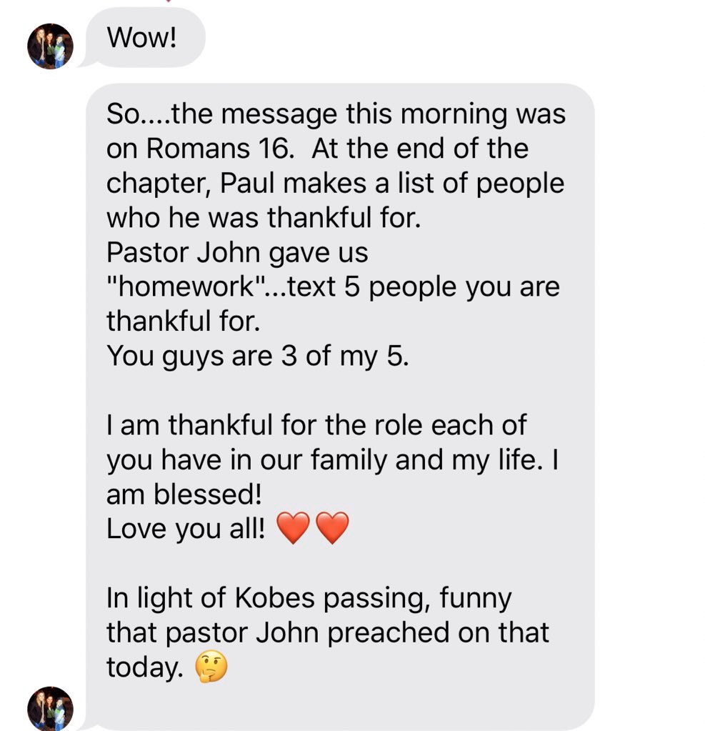 KkayRae's tweet photo. My mom sent me this today. Interesting how our pastor preached on this today- of all days! Death often reminds us of how fragile life is. So, text 5 people today and let them know how much you love them ♥️ #MambaForever https://t.co/YeAUlX9L8M