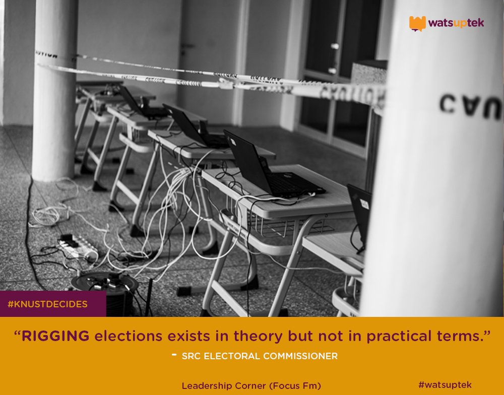 watsuptek's tweet photo. "Rigging elections exists in theory but not in practical terms"

 - KNUST SRC EC(@PhilipOforiAtt1 )

Do you agree with the EC on this? Comment 

#KNUSTDecides 
#watsuptek https://t.co/6Smd5n9hdQ