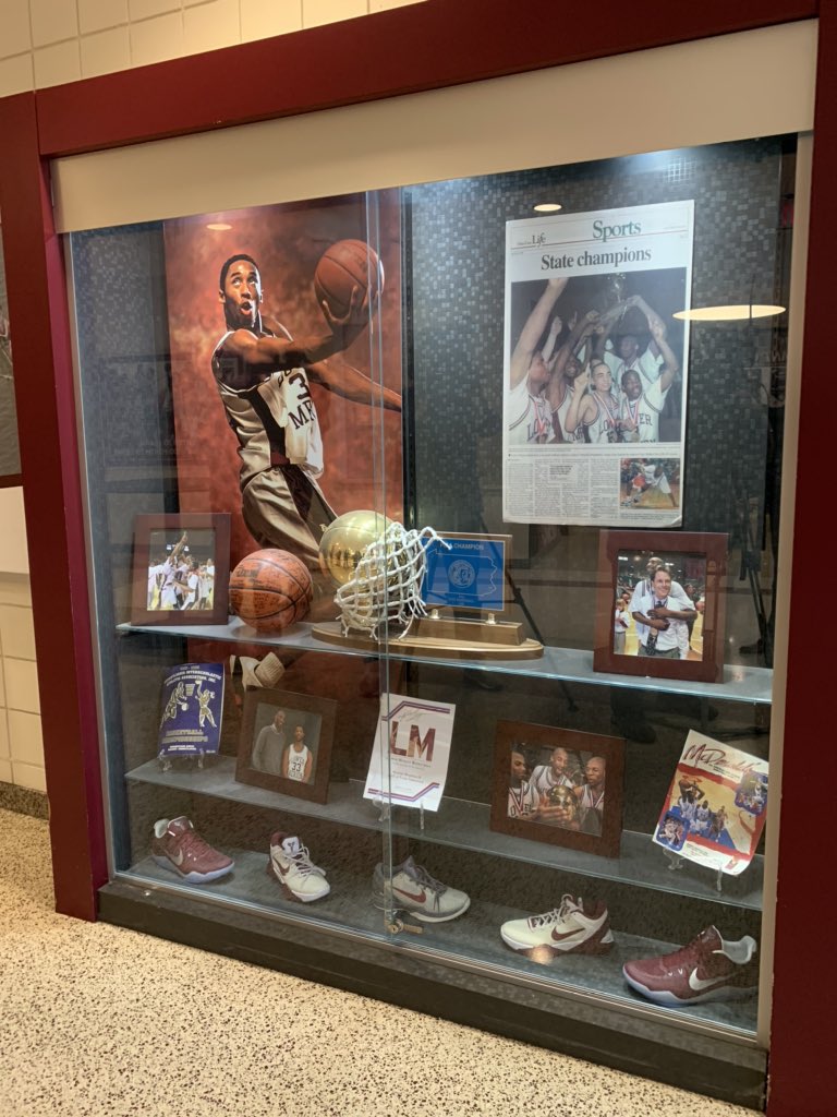 Inside Lower Merion High School “Kobe Bryant Shrine” showcases memorabilia including 1996 state championship net. Lower Merion HS spokesperson says Kobe helped design special LMHS “Aces” themed sneakers that Nike donated to boys and girls teams <a href="/FOX29philly/">FOX 29</a> #RIPKobe