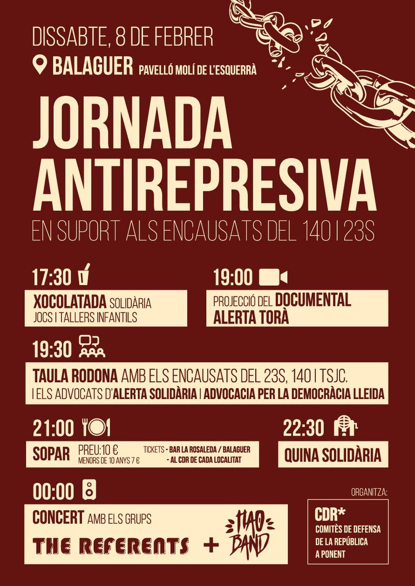 👉Bolquem-nos amb la jornada antirepressiva: 

📌 a Balaguer
📅 el 8 de febrer
🕣 a partir de les 17:30h

✅ La solidaritat de cada una és la força de totes.

#CDRenXarxa