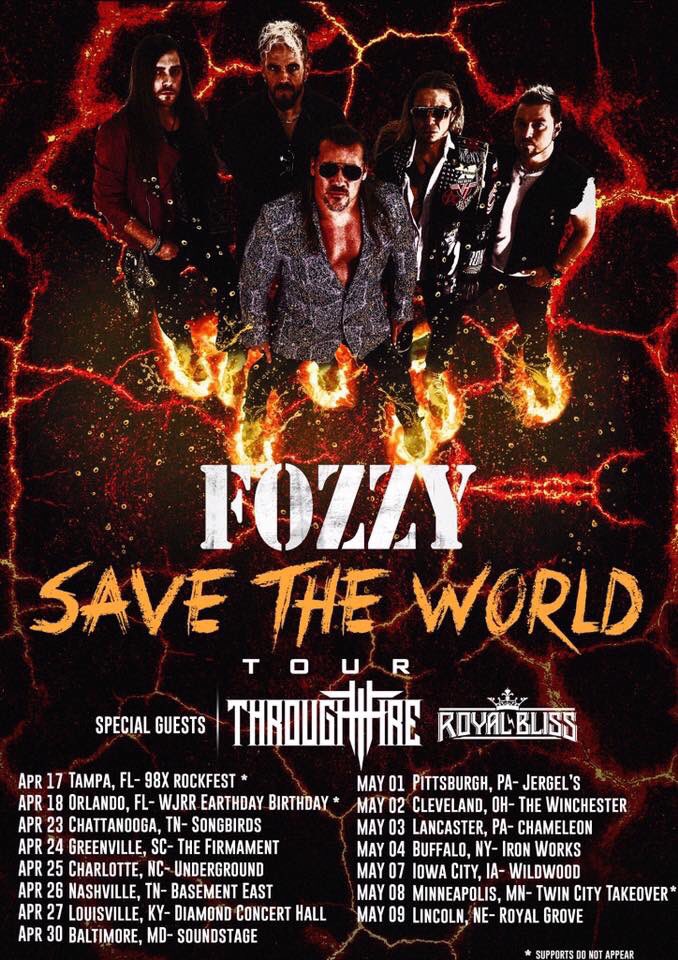 FOZZYROCK's tweet photo. Reminder! Tickets and VIPs are on sale NOW for our Spring "Fozzy Saves The World" Tour with Through Fire and Royal Bliss! Don't miss it! Get yours NOW at https://t.co/JCIYdepAsd!!! #FozzySavesTheWorld https://t.co/S2PNyjTNkh