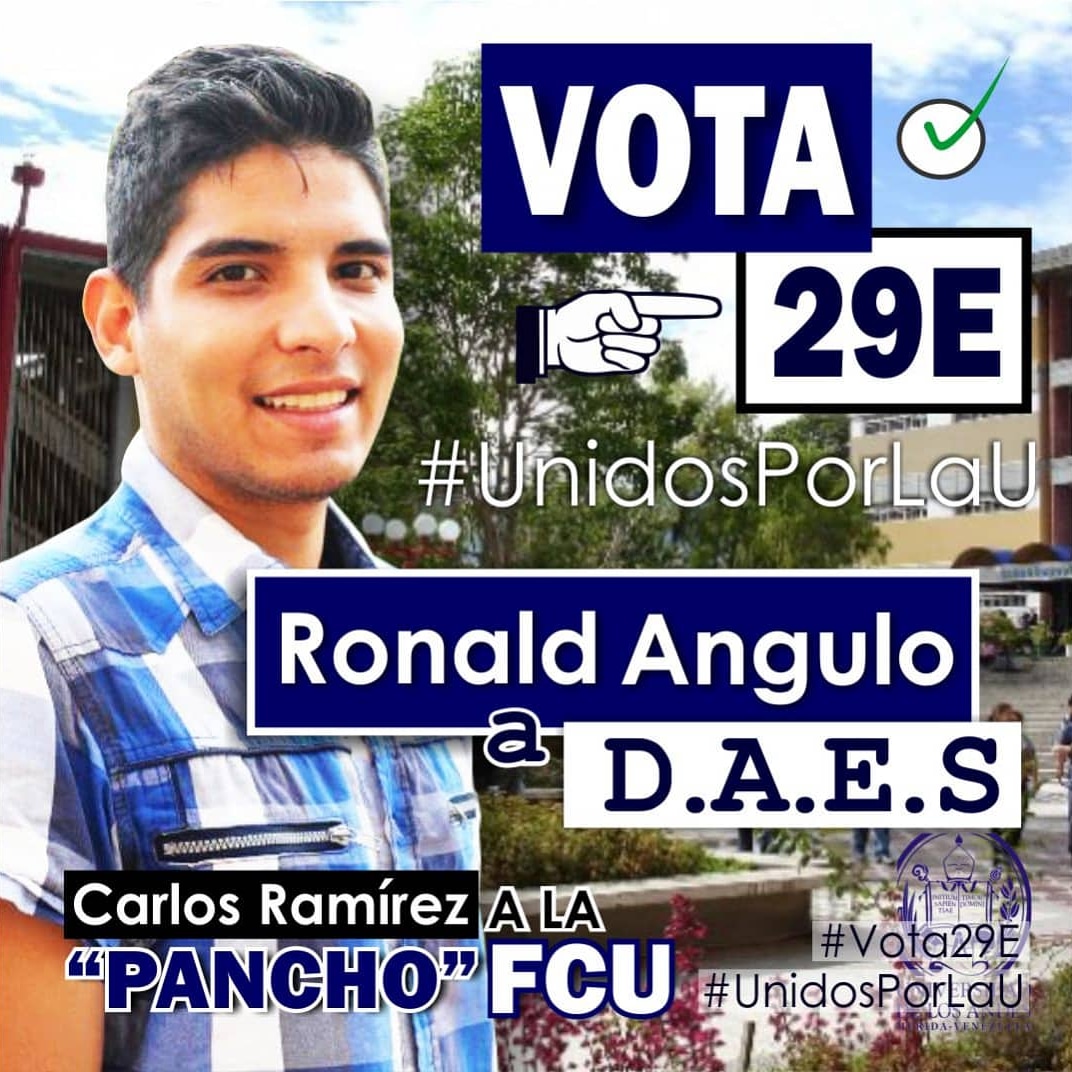 Berthomendoza's tweet photo. Todos a participar este miércoles #29ene en las #EleccionesULA2020 y ratificar nuestro compromiso con la Universidad, la Academia y la Libertad.
Carlos Ramírez "Pancho", Humberto Araujo a la FCU y Ronald Angulo (@Ronald_JAngulo) DAES
#TodosUnidosPorLaU
#AnguloRonaldDaes https://t.co/afzzgwQZQP