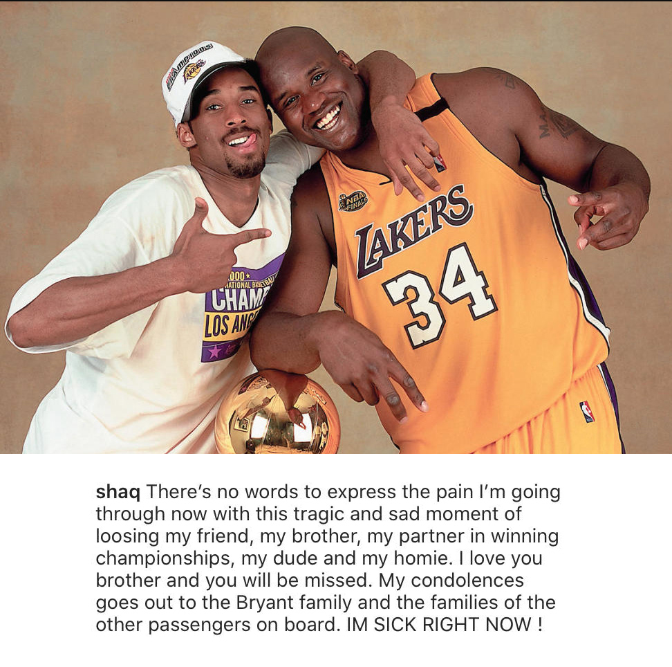Ballislife's tweet photo. "There’s no words to express the pain I’m going through now with this tragic and sad moment of losing my friend, my brother, my partner in winning championships, my dude and my homie. I love you brother and you will be missed." - Shaq https://t.co/Inn9qHceEn