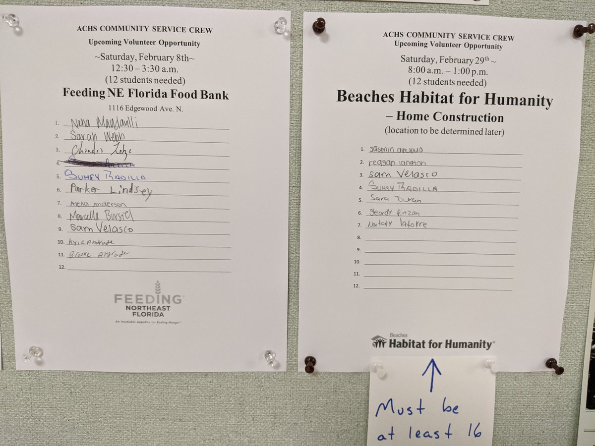 ACHSCrew's tweet photo. There's still room to join these two February events with the Crew. Come by room 633 for a permission form and to sign up if you'd like to earn some service hours while doing some good work for the Jax community. https://t.co/6tDgzzDN3f