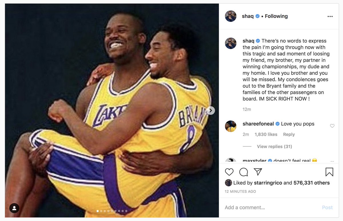 GMA's tweet photo. .@SHAQ on Kobe Bryant: "There’s no words to express the pain I’m going through now with this tragic and sad moment of losing my friend, my brother, my partner in winning championships, my dude and my homie. I love you brother and you will be missed..." https://t.co/Sj9l1SlAp1 https://t.co/gbyJ0BtHdQ