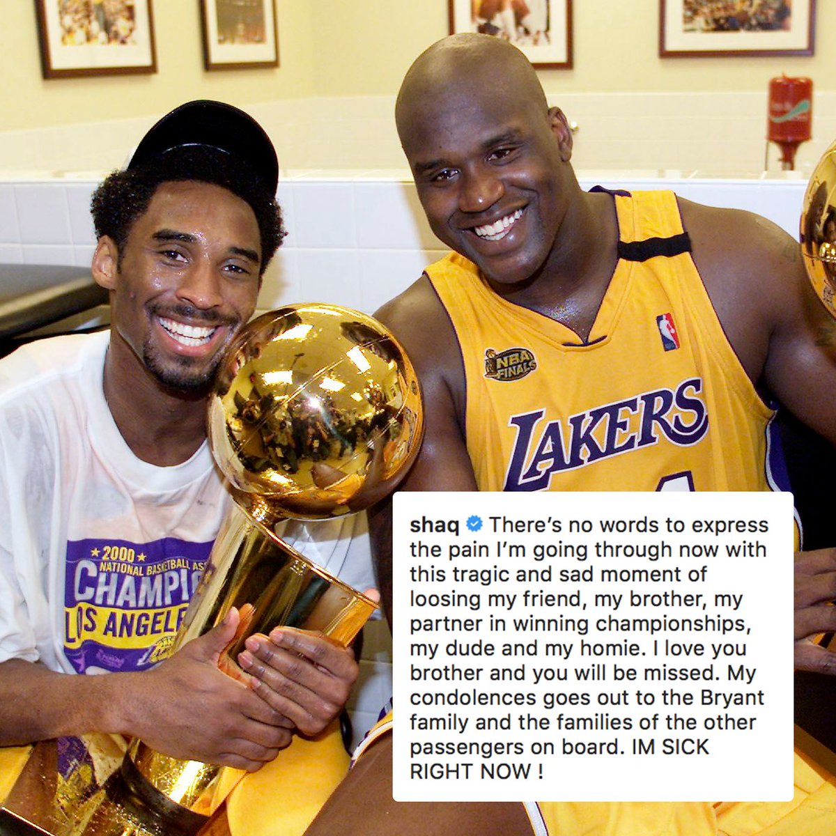 NBCSports's tweet photo. Back-to-back-to-back champions. 

@SHAQ reacts to the loss of his friend and teammate @kobebryant. https://t.co/YT6f8k2JIk