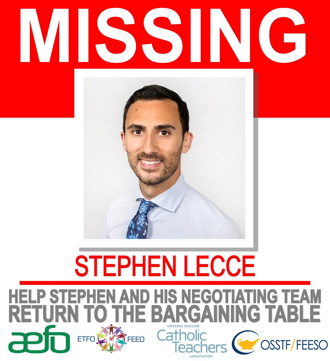 MISSING PERSON!!!!!  <a href="/Sflecce/">Stephen Lecce</a> has been missing for a quite sometime! Last seen with <a href="/fordnation/">Doug Ford</a> It is of the upmost importance that he is found soon!  IF located please return him to the bargaining table as the lives of students depend on it!
#EFTOstrong,#cutshurtkids,#onpoli