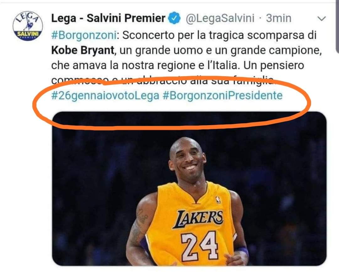 twittandolimoni's tweet photo. Cosa ci incastra la morte di #KobeBryant con le #elezioniemilia? Nulla, ma non per i Social Media Manager della #Lega https://t.co/bH8TXAgZUY