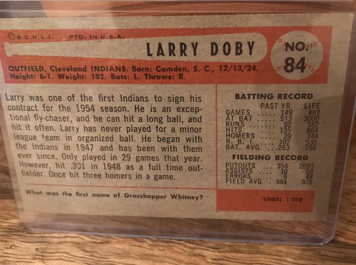 NotMrMoon's tweet photo. No baseball card collection would be complete without Larry Doby. This is my favorite of his cards. 1954 Bowman. #WhatACard https://t.co/PnXO3EH3H5