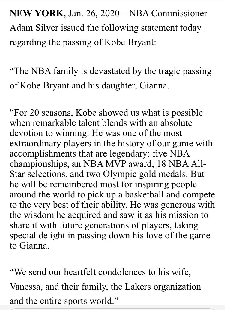 AdamZagoria's tweet photo. Official NBA statement on Kobe https://t.co/9lXxB5lK68