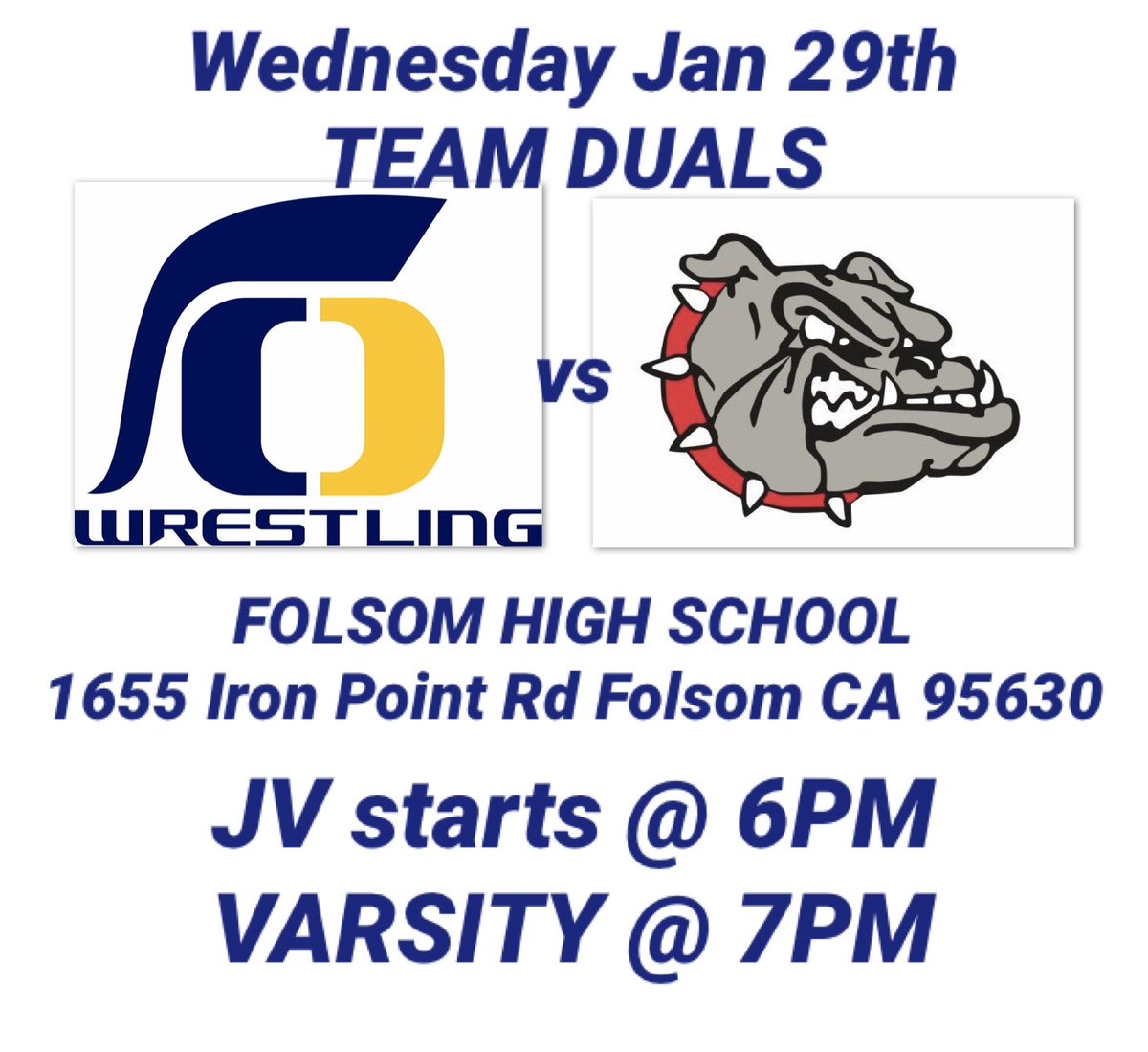 ORHS family WE NEED YOU.  Let’s pack the stands at Folsom HS this Wednesday Night as our Trojans take on our rival Bulldogs in this final team dual.  Go TROJANS 💪🏻💪🏻💪🏻