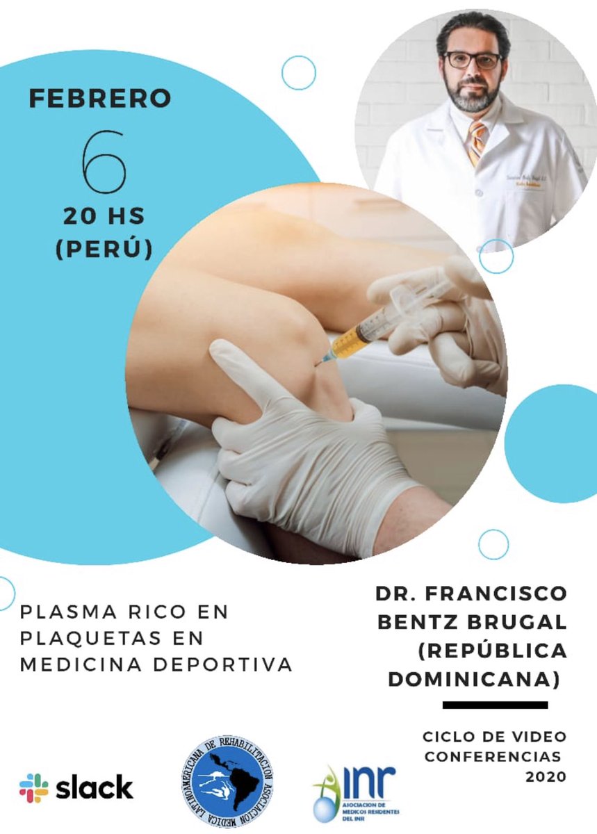 drbentzbrugal's tweet photo. Atención Residentes de Medicina Física y Rehabilitación de toda America Latina , a través de la plataforma #AMLAR en Slack continuamos el ciclo de videoconferencias que en esta ocasión tengo el honor de dictarl.
“Uso de Plasma Rico en Plaquetas en lesiones Deportivas” https://t.co/k6MjUzCiDu