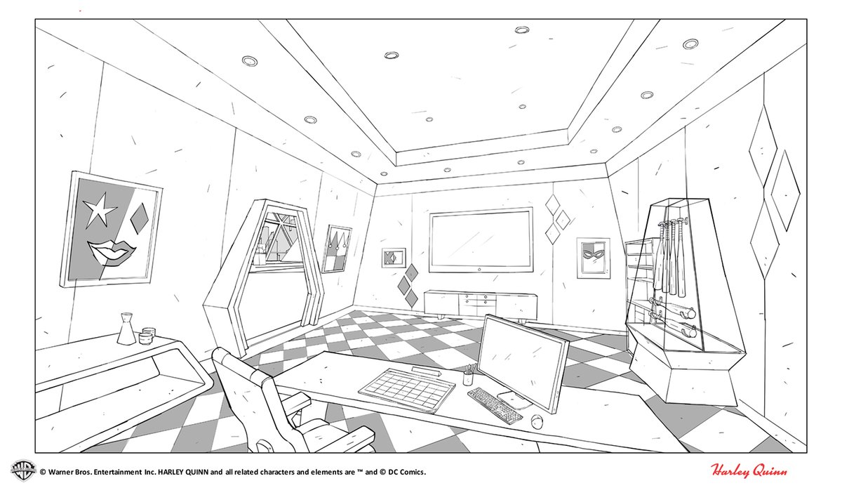 Some Harley Quinn layout work. I got to design her office. I did the colors for this scene too. ?♥️ 