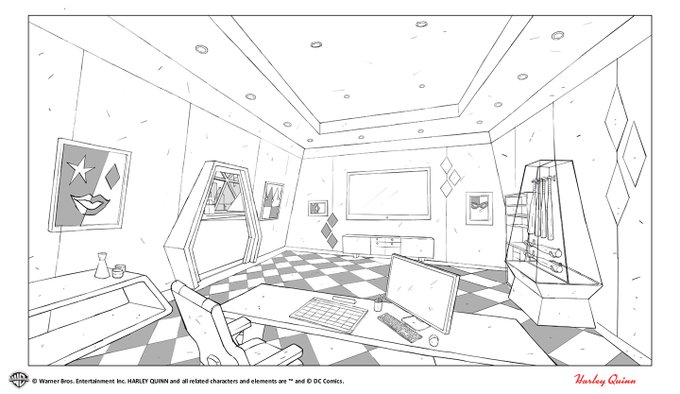 Some Harley Quinn layout work. I got to design her office. I did the colors for this scene too. ?♥️ 