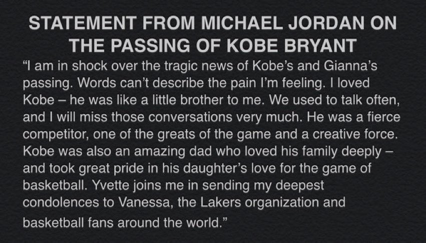 Michael Jordan on death of Kobe Bryant 