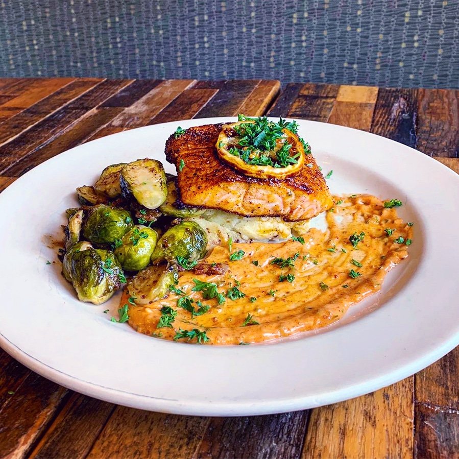 FMCGrand's tweet photo. New seafood special from chef Tim at French Meadow on Grand: Arctic Char &amp; Brussels, blackened arctic char, garlic mashed potatoes, bacon mustard brussels sprouts, remoulade, &amp; candied lemon. #stpaul #grandavenue #twincitieseats #mystpaul #stpauleats #seafoodlovers https://t.co/mqufRK436f