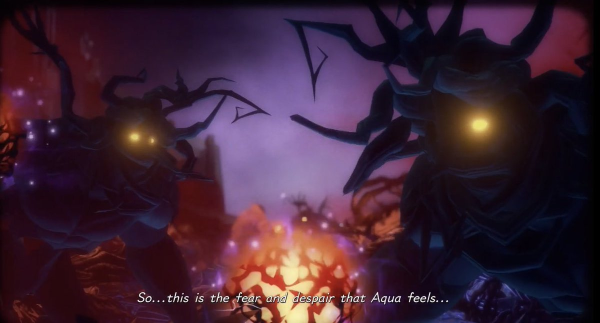 thundagashots's tweet photo. nomura really showed us a flashback of all the horrible things aqua went through in the realm of darkness only to send her right back there at the end of the dlc. i’m so mad i feel like a rabid animal https://t.co/f93hIuACV1