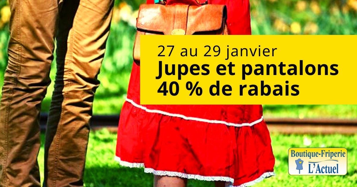 Lactuelorg's tweet photo. VENTE - La majorité de nos pantalons et de nos jupes se vendent 4$ au prix régulier... À 40% de rabais ça vous coûtera seulement 2,40$ le morceau. Pas besoin de réfléchir très longtemps, une visite s'impose à la Boutique-Friperie de L'Actuel du 27 au 29 janvier. https://t.co/gEuHbiVFWY