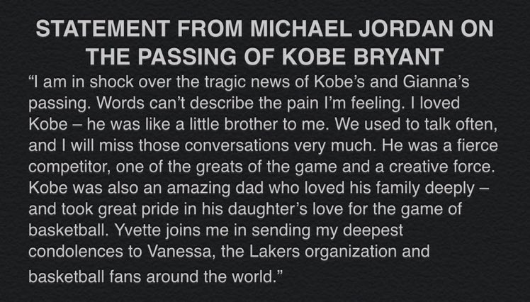 Lared1061's tweet photo. #NBA El comunicado de Michael Jordan sobre el fallecimiento de #KobeBryant:

"Las palabras no pueden describir el dolor que estoy sintiendo. Amé a Kobe, fue como un hermano menor. Voy a extrañar nuestras charlas. Era un competidor feroz, uno de los grandes de este juego". https://t.co/KCJXC38eYQ
