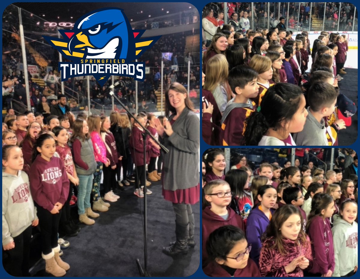 LudlowPublicSch's tweet photo. #lpsPRIDE hit a high note on Friday evening when the @ChapinElem 3rd grade & @VetsParkElem 4th & 5th grade chorus members sang the Star Spangled Banner at the start of the @ThunderbirdsAHL against the Hershey Bears. #lpsgrowthegood #vetsparkpride #joyatchapin https://t.co/X5zRYrvCzS