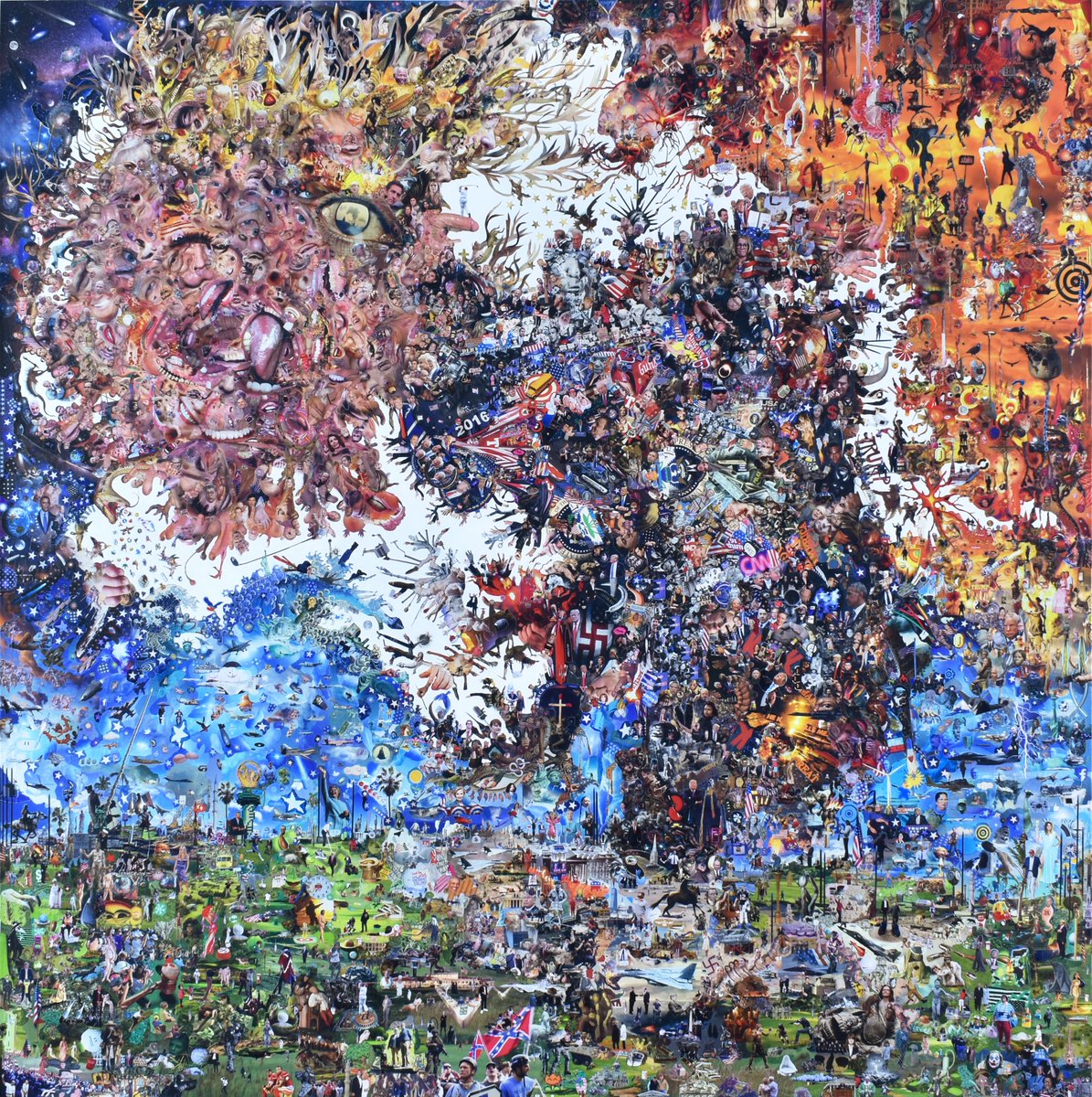 For the past 3 years I've been working on this big paper collage (6 x 6 feet, all torn/cut by hand). It’s essentially a portrait of Donald J. Trump as President of the United States.This thread is about some of the ideas, sources, and references that inform it.