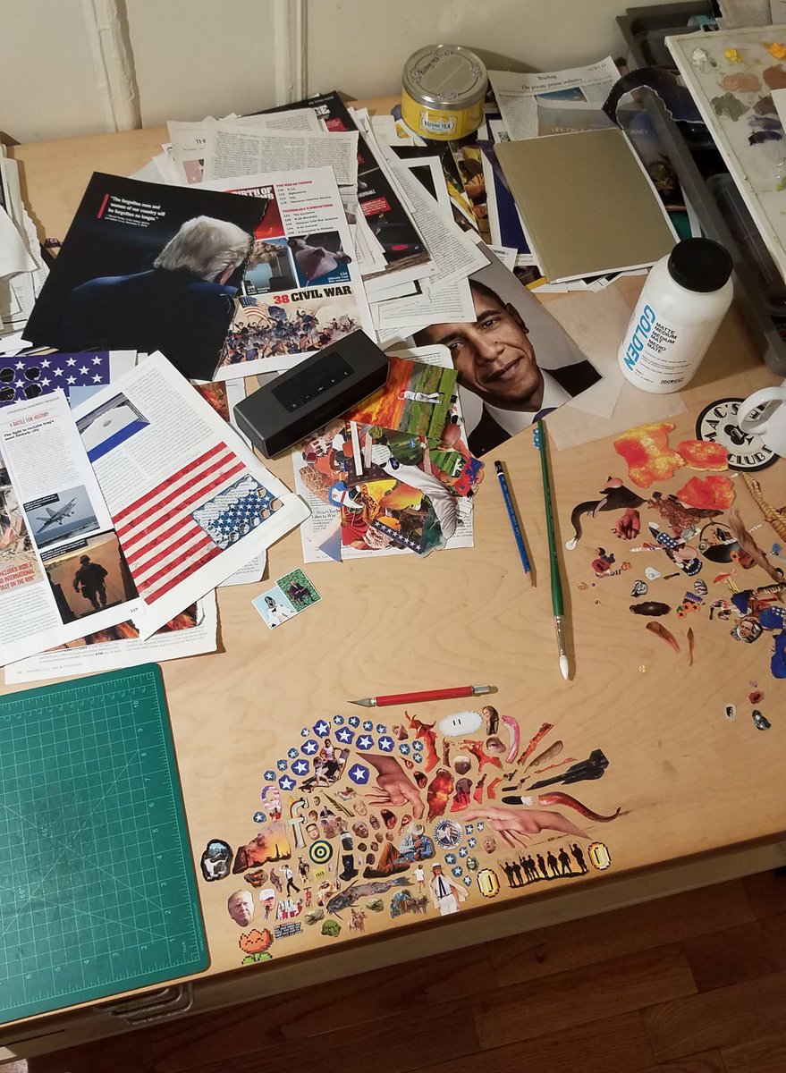 I removed everything related to Trump’s campaign and presidency, along w/ pop-cultural and art historical references that relate to our time. By arranging small groupings like pieces of an unsolved puzzle, the printed media would reinforce the memory of my digital experience.
