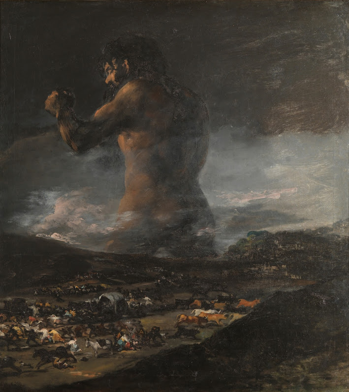 On the left is Francisco de Goya's "The Colossus" (1812), which portrays a cruel and catastrophic scene.On the right is Odilon Redon's "The Cyclops" (1914), a lecherous monster preying on a lone woman.