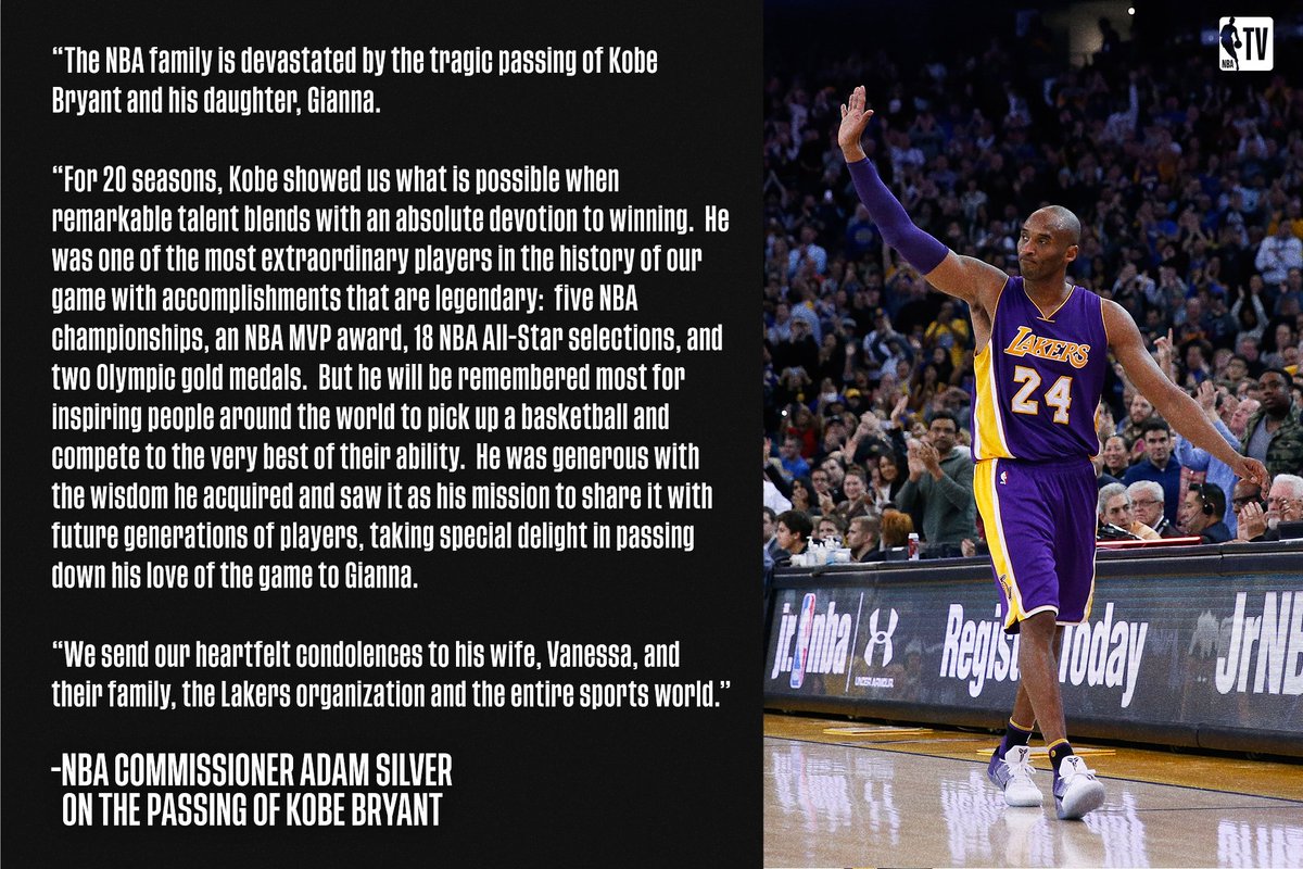 NBATV's tweet photo. NBA Commissioner Adam Silver on the passing of Kobe Bryant. https://t.co/fkbkYYIFHp