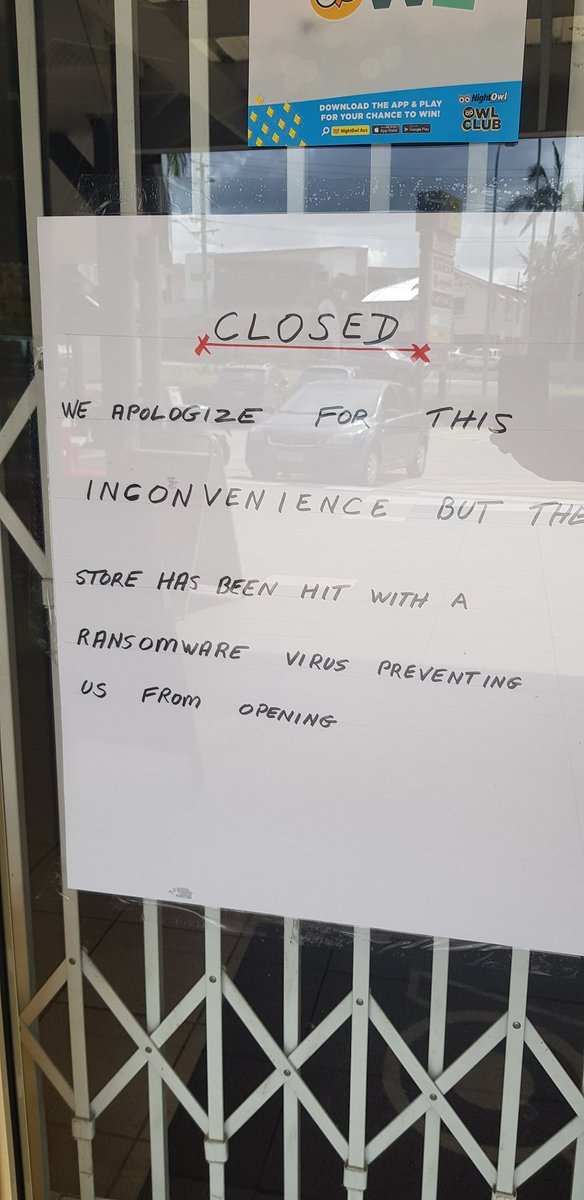 FoxBlockhead's tweet photo. What ?!?! Night Owl Convenience stores suffer #Ransomware attack!!! This is insane! #BreakingNews @7NewsBrisbane @9NewsQueensland @10NewsFirst https://t.co/D8kOZPR1BE