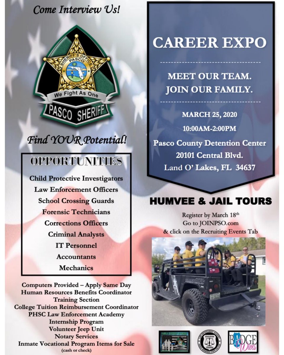 PascoSheriff's tweet photo. Meet our team at an upcoming Career Expo and #JoinPSO!
This event will be taking place on March 25th at the Pasco County Detention Center. Come out and learn more about our many career opportunities!
Hope to see you there! https://t.co/3F6H34c2i5