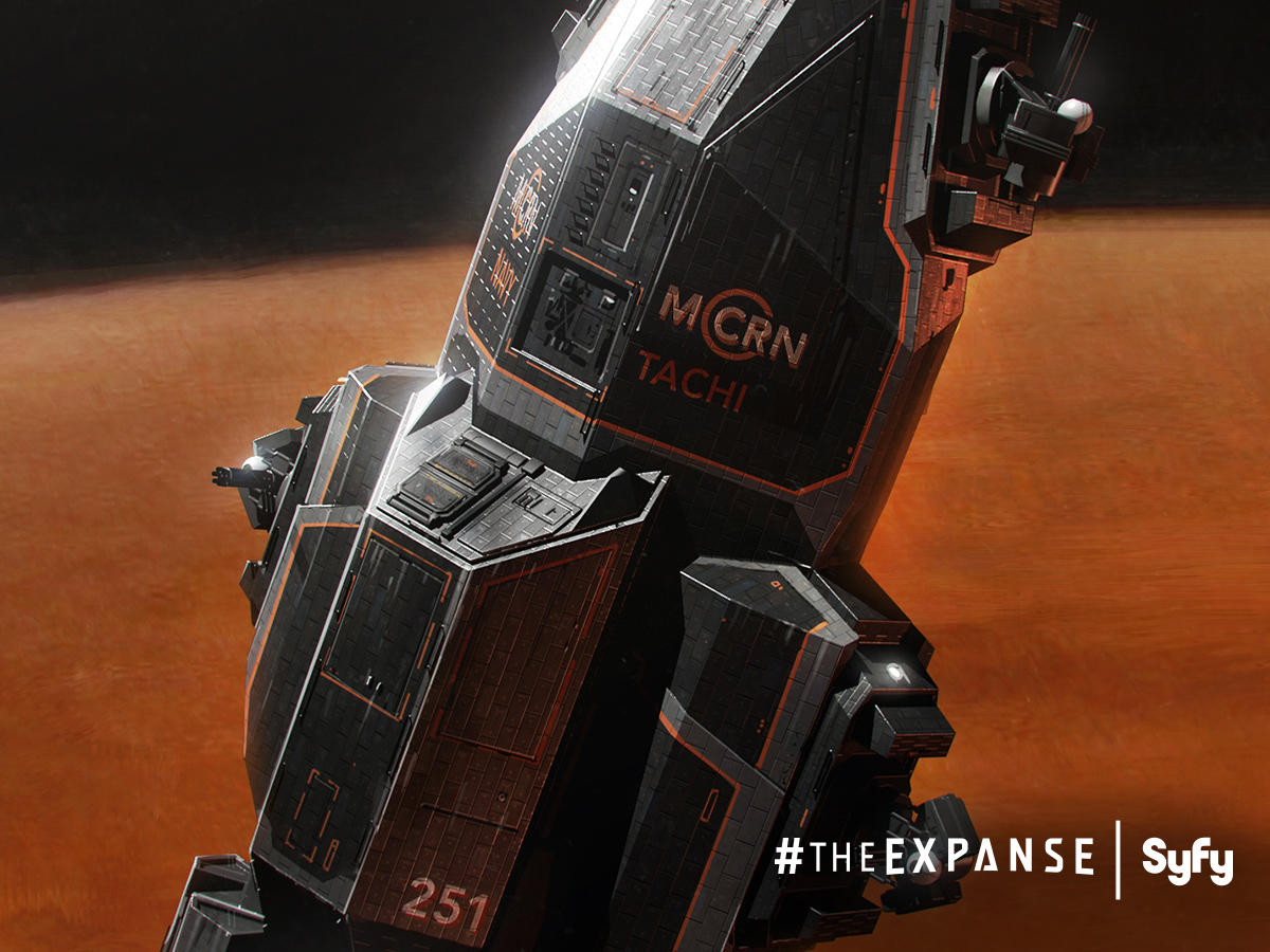 The Rocinante (as the MCRN Tachi), art by  @NorthFrontInc Designer Ryan Dening: "Because the Rocinante was going to be the hero ship, there was a lot of pressure to come up with something [good]. It’s like the Millennium Falcon of the show."