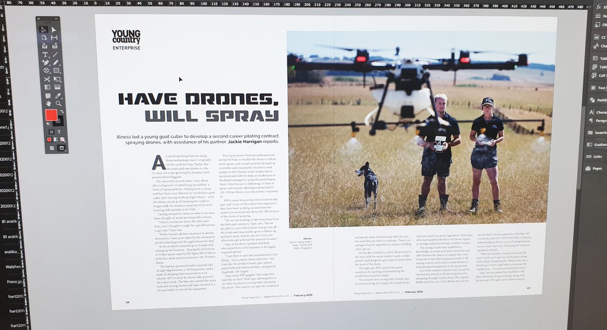 EmilyNRees's tweet photo. Now onto the Feb issue of @DairyExporterNZ. I've just finished the layouts to a cool story about drone spraying in the @YoungCountryNZ section. Nice one Jackie 

@YoungDairyEd 

#drones #dairyexporter #magdesign https://t.co/sJ86hXDi4t