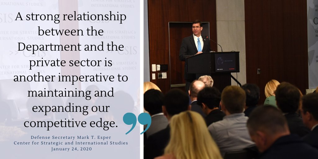 A quote from Secretary Esper, over a photo of Secretary Esper delivering a speech at the Center for Strategic and International Studies.