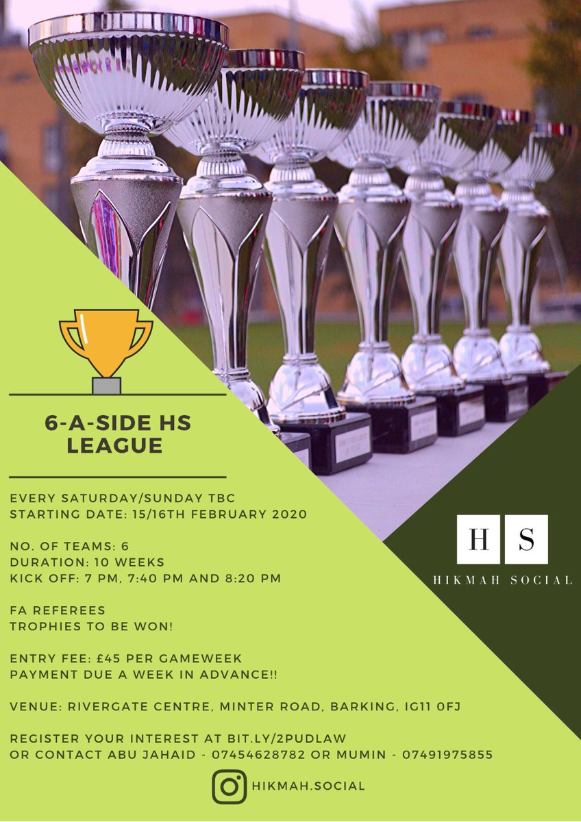 6-A-Side League

FA Referees

🏆 Team Trophies 🏆
🏅Individual Awards 🏅

Register at: bit.ly/2pUdlAW

#football #footballers #ballers #competition #trophies #fun #barking #community #footballgames #ball #tournament #footballleague #sunday #footballculture #footballcup