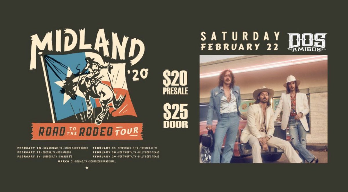 ❌WARNING ❌Tickets for this show are going F A A A A S T‼️
Don't miss Midland 🚨Road to the Rodeo Tour🚨with special guest ✨ Jonathan Terrell✨ this #february 
LIVE at @DosOdessaTX ❌ 
❌PURCHASE bit.ly/2Y9cp8n