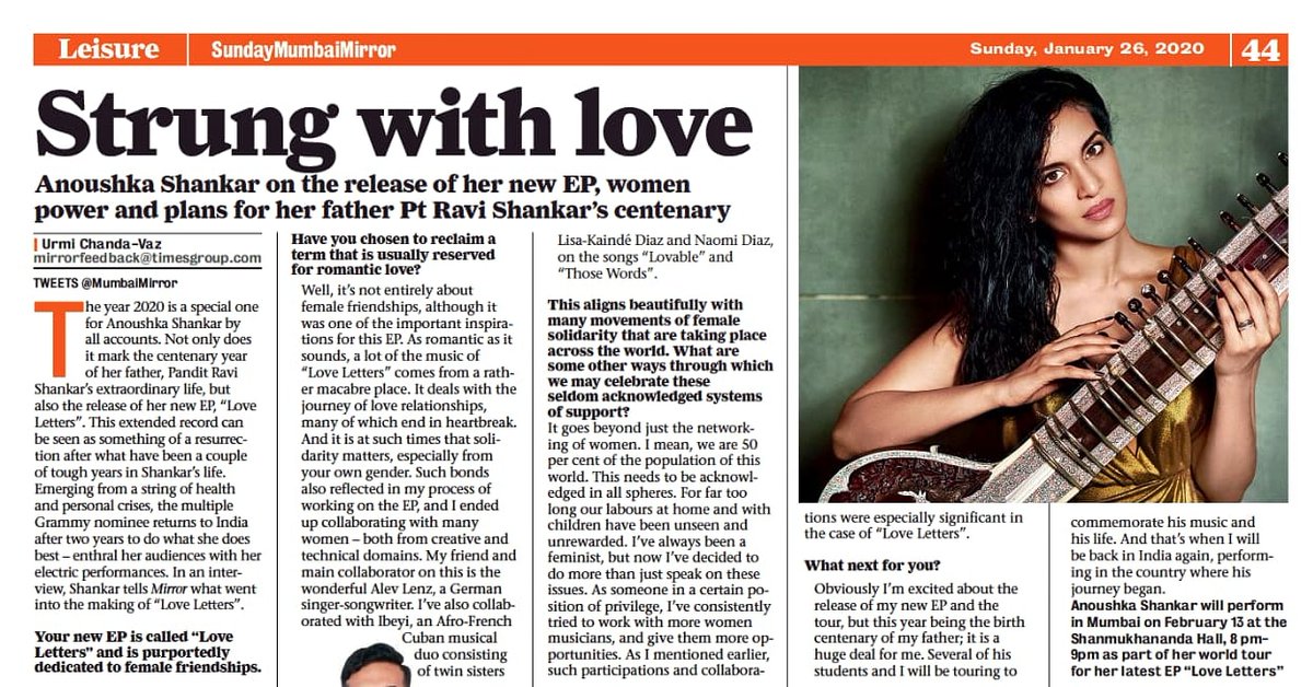 LiveAlchemist's tweet photo. .@ShankarAnoushka was featured yesterday in the @MumbaiMirror where she talks about her new EP 'Love Letters'. Catch her live on 13th February in Mumbai &amp; on 14th February in New Delhi. 
Book Now on @paytminsider

#AnoushkaShankar #LoveLetters #IndiaTour2020 #Mumbai #Delhi https://t.co/95Y4TiBjIs