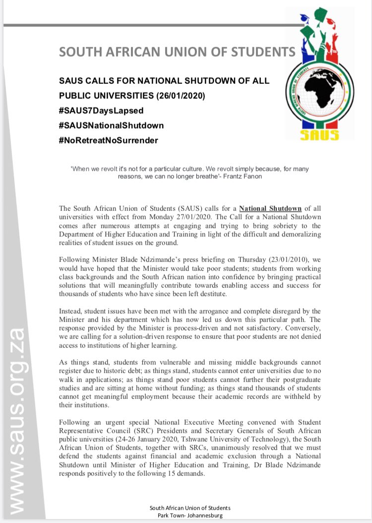 South African Union Of Students On Twitter Saus Calls For A National Shutdown Of All Universities 27 01 2020 Saus7dayslapsed Sausnationalshutdown Noretreatnosurrender Https T Co 6tb7bwtzfs