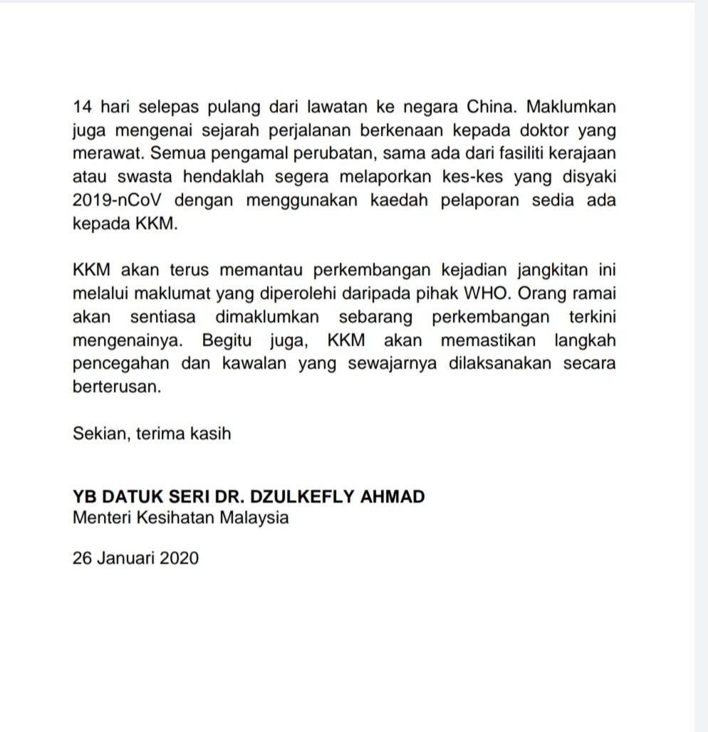 KKMalaysia🇲🇾🩺❤️ (@kkmputrajaya) on Twitter photo Kes positif novel coronavirus di negara ini kekal 4 kes.
4 Patient-Under-Investigation (PUI) masih menunggu keputusan makmal.
Tangguhkan perjalanan ke China dan terus amalkan kebersihan diri.
Rujuk kenyataan rasmi Men. Kesihatan, Datuk Seri <a href="/DrDzul/">Dzulkefly Ahmad</a> Kes positif novel coronavirus di negara ini kekal 4 kes.
4 Patient-Under-Investigation (PUI) masih menunggu keputusan makmal.
Tangguhkan perjalanan ke China dan terus amalkan kebersihan diri.
Rujuk kenyataan rasmi Men. Kesihatan, Datuk Seri <a href="/DrDzul/">Dzulkefly Ahmad</a>