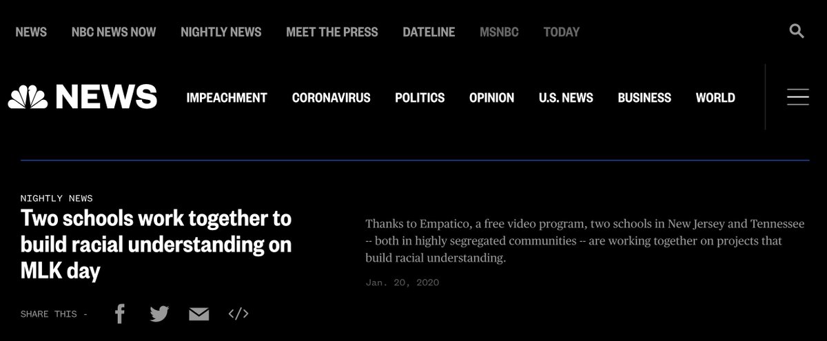 Thank you for sharing this @GloriaOTOY17 👍Check out how two schools in highly segregated communities worked to build empathy and understanding on #MLKDay https://www.nbcnews.com/nightly-news/video/two-schools-work-together-to-build-racial-understanding-on-mlk-day-77151301937 #notinmyschool  @NBCNews