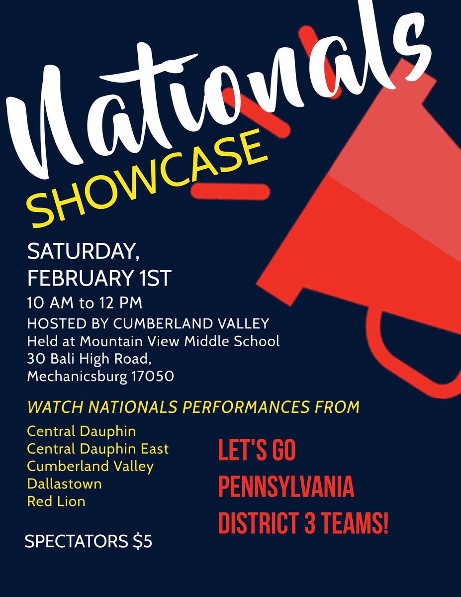 Come support some amazing District 3 teams before they head to NATIONALS! <a href="/CVCheerleading/">Cumberland Valley Cheerleading</a> <a href="/RLCheer/">RLCheer</a> <a href="/cdeastcheer/">CD East Cheer🐾</a> <a href="/CDHSRams/">Central Dauphin HS</a> <a href="/DT_Cheer/">Dallastown Cheer</a>