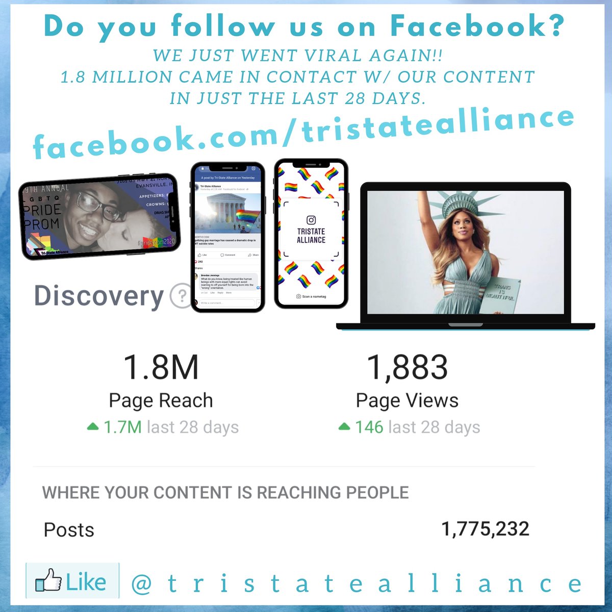 tsalgbtq's tweet photo. 1.8 MILLION FB reaches in 28 days.💫 ✊ Do you have a Facebook? Don't miss out- go like our page! https://t.co/kTgrCzCezJ 🤸🏼‍♂️🤸🏼‍♂️ #lgbtqKY #lgbtqIN #lgbtqIL #evansvillein #evansvillelgbtq #southwestindiana #lgbtqia #transgender #ace #bisexual #lesbian #gay #pansexual #hot #queer https://t.co/y72572iGPs