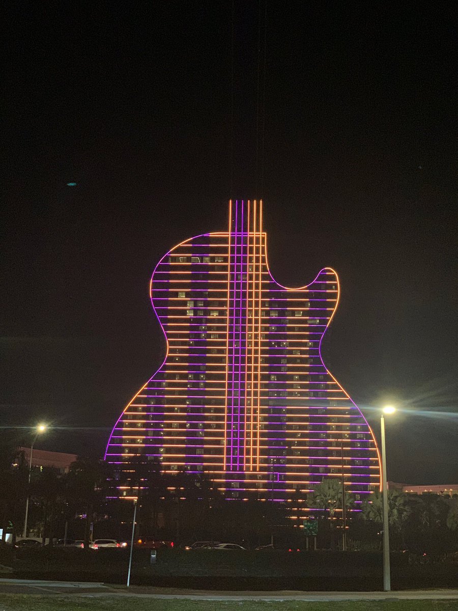 WillManso's tweet photo. The folks at the @HardRockHolly lighting up the guitar in purple and gold in honor of Kobe Bryant tonight. https://t.co/f8SDgu4xf2