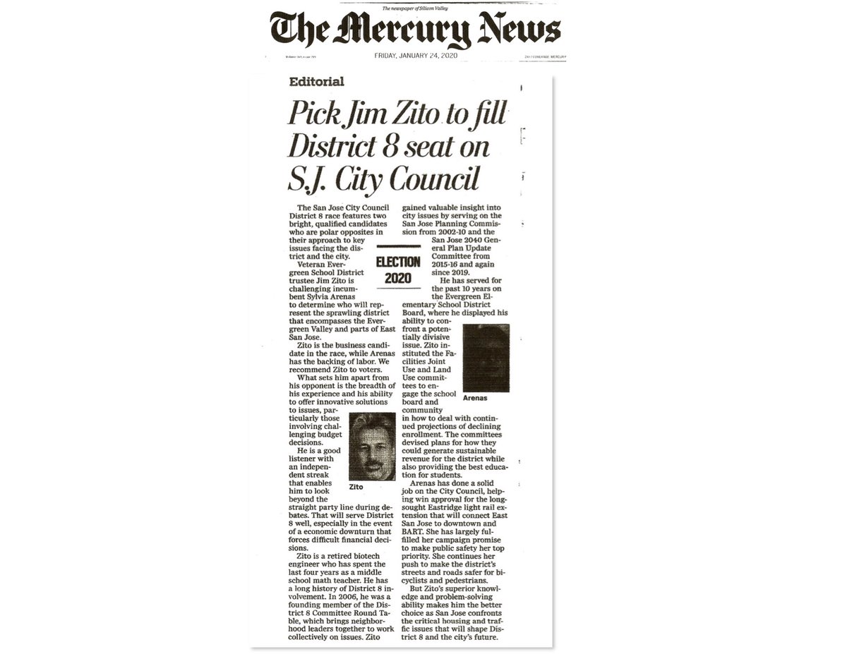 VoteJimZito's tweet photo. TY San Jose Mercury News for your endorsement of my candidacy for San Jose City Council D8.

"Zito’s superior knowledge &amp; problem-solving ability makes him the better choice as San Jose confronts the critical housing &amp; traffic issues that will shape D8 and the city’s future.” https://t.co/5btCQAu5Sx