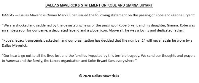 MikeLeslieWFAA's tweet photo. The #Mavs announce they're retiring Kobe Bryant's #24 in a statement on his passing.

“Kobe’s legacy transcends basketball, and our organization has decided that the number 24 will never again be worn by a Dallas Maverick." https://t.co/EpLiS5yg8B