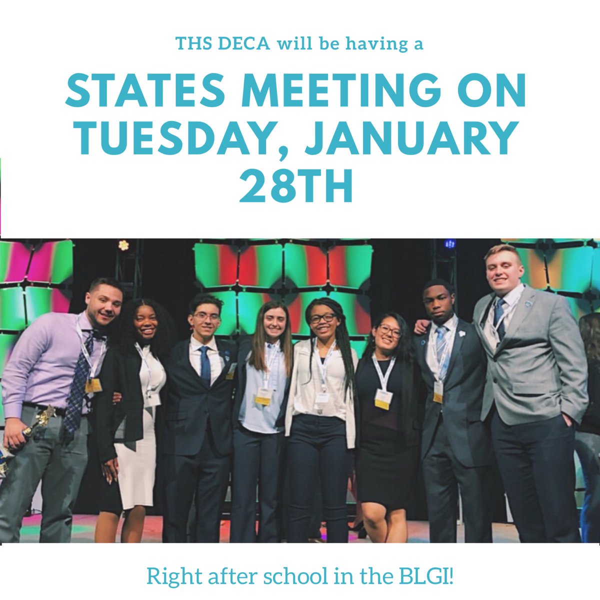DecaTHS's tweet image. There will be a meeting for all State competitiors on this upcoming Tuesday, right after school in the BLGI! Be sure to attend to hear important information about the upcoming conference! #deca #massdeca #tauntondeca