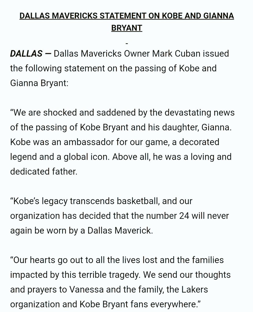 MFollowill's tweet photo. From the Mavs tonight....retiring Kobe's number 24 https://t.co/xccXwBMVoM
