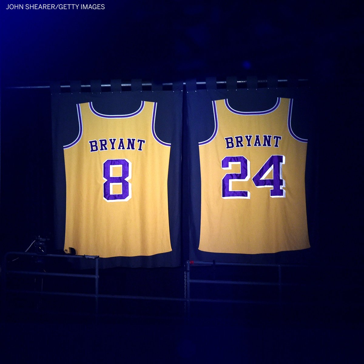 Kobe Bryant's jerseys are illuminated in the rafters of the Staples Center during the Grammys.