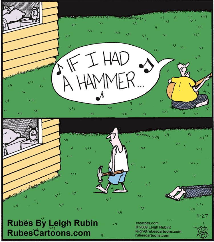 Nailed it!

#nailedit #hammer #hammertime #folkmusic #peterpaulandmary #ifihadahammer #cartoon #cartoons #cartoonist #noisyneighbors #folkmusician